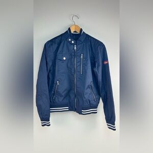 Ellus Navy Bomber Jacket Spring Zip Striped Rib Trim Size M [000154]